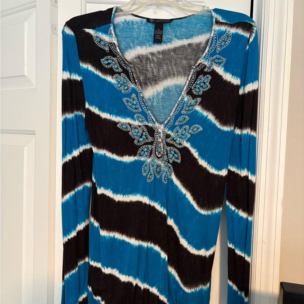INC International Concepts Blue, Black & White Tie-Dye V-Neck Tunic